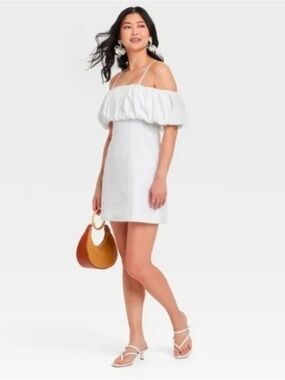a new day White Off-Shoulder Puff-Sleeve Mini Dress Size 8 NWT